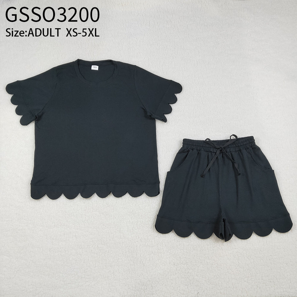 Adult Women Black Short Sleeves Shirt Scallop Shorts Pajamas Clothes Set RTS