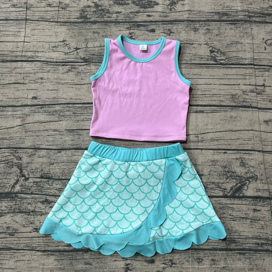 ( No moq ) Preorder Baby Girls Kids Pink Shirt Scallop Green Skirt Shorts Yoga Active Set Clothes