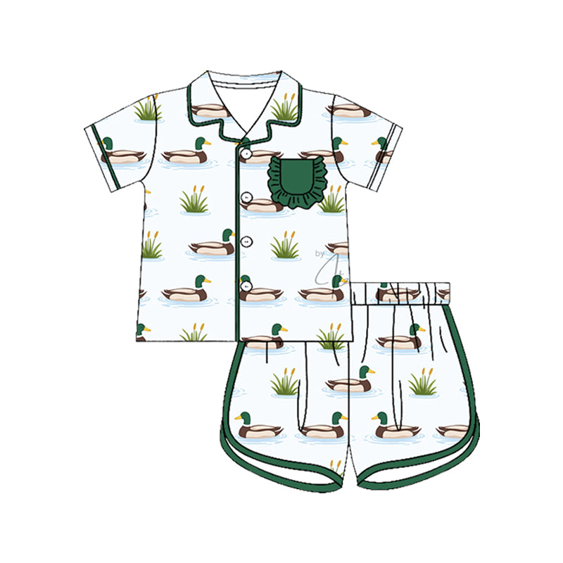 ( Moq 5 ) Preorder Baby Girls Kids Short Sleeves Green Pocket Shirt Ducks Shorts Set Pajamas Clothes