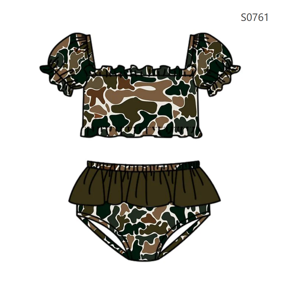 ( Moq 5 ) Preorder Baby Girls Kids Short Sleeves Brown Green Camo Tops Brown Ruffle Shorts Set Swimsuit