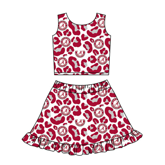 ( Moq 5 ) Baby Girls Kids Sleeveless Red Leopard A Football Tops Shorts Skirt Team Clothes Set