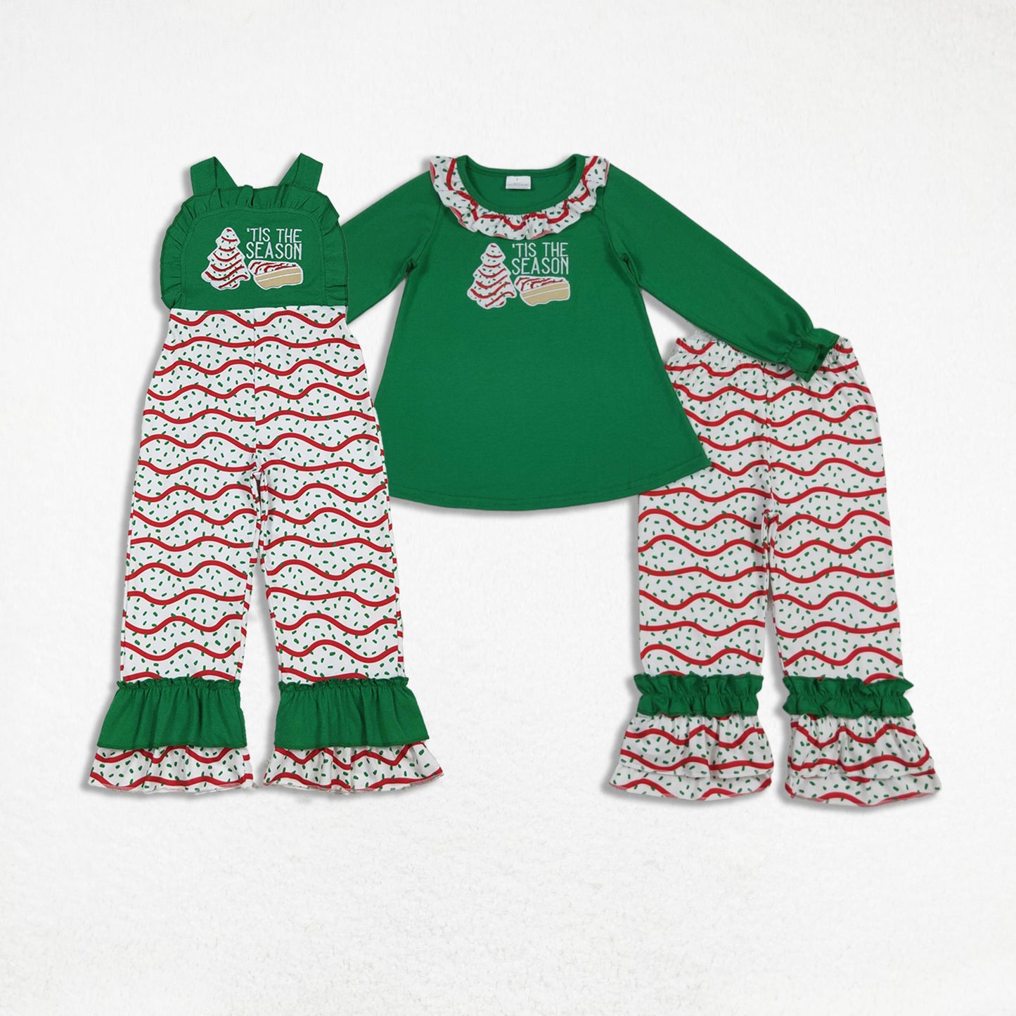 Sibling Baby Girls Kids Embroidery Cakes Tree Christmas Green Jumpsuit Set Clothes RTS