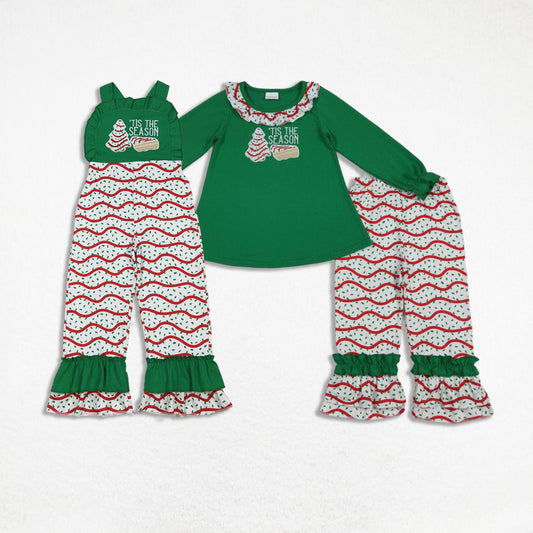 Sibling Baby Girls Kids Embroidery Cakes Tree Christmas Green Jumpsuit Set Clothes RTS