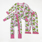 Girls Kids Green Face Pink Ruffle Zipper Footie Romper Pajamas Set Sibling Christmas Clothes RTS
