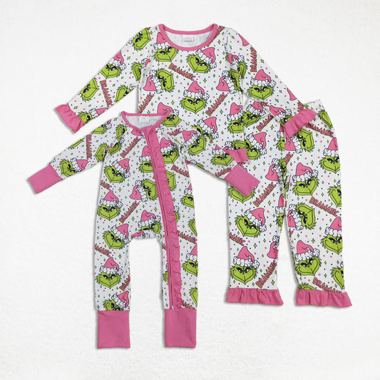 Girls Kids Green Face Pink Ruffle Zipper Footie Romper Pajamas Set Sibling Christmas Clothes RTS