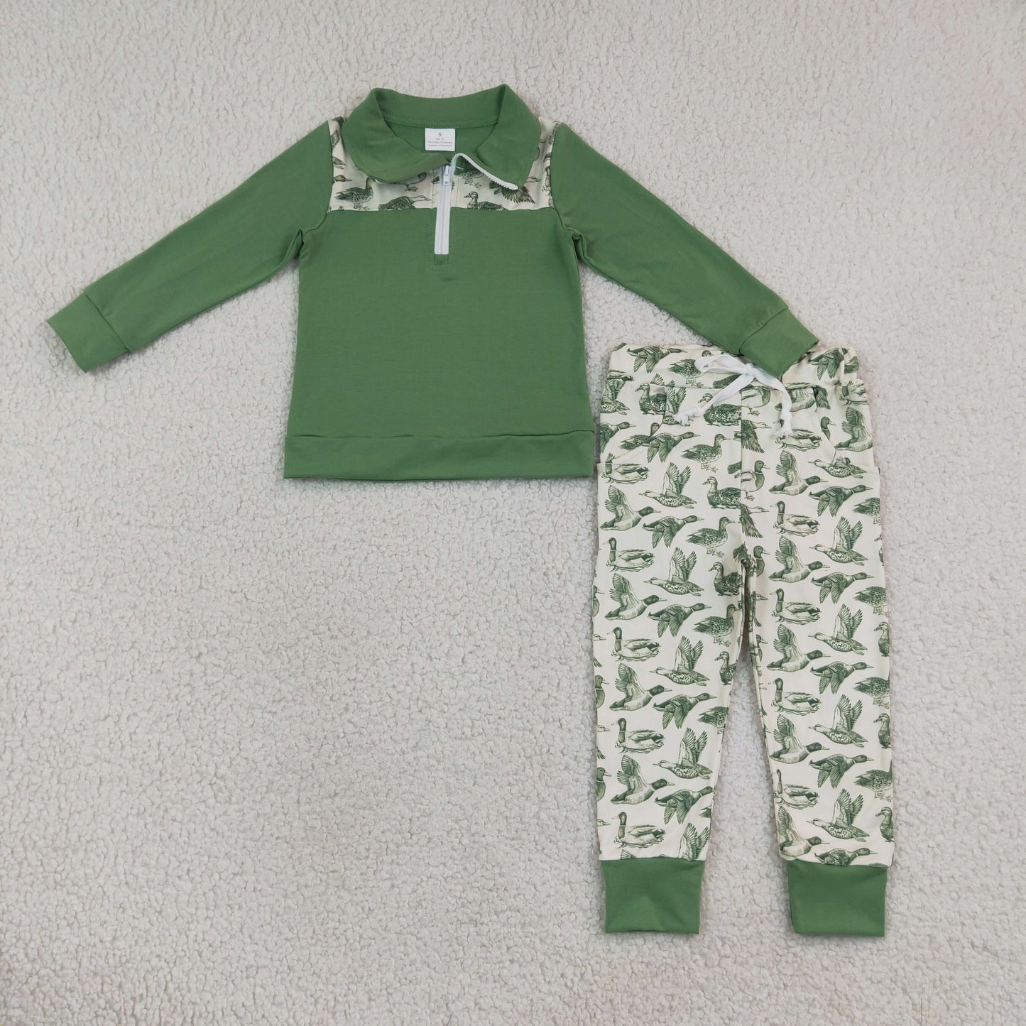 Baby Boys Kids Long Sleeve Zipper Pullover Ducks Pockets Jogger Set Green Clothe RTS