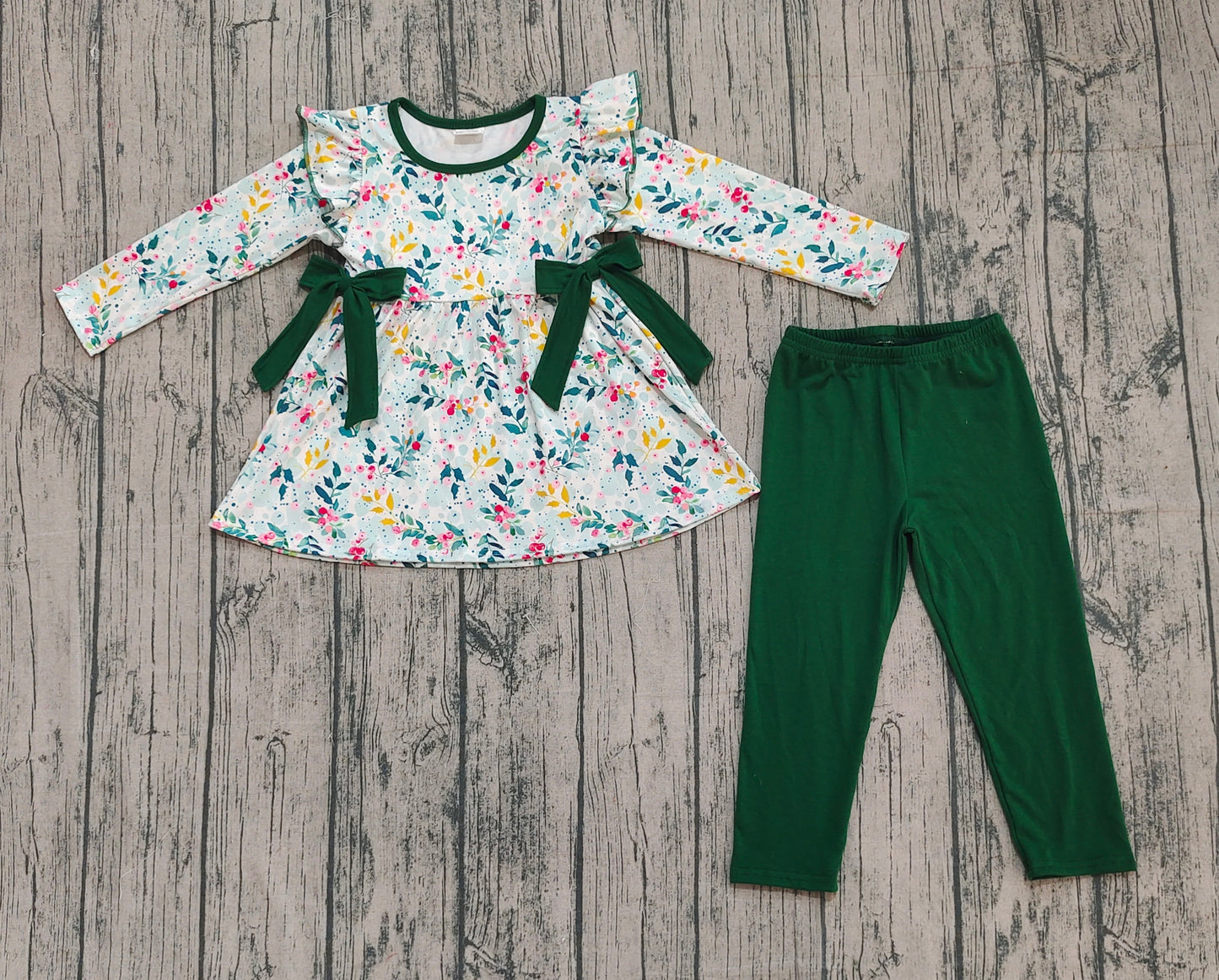 Baby Girl Long Sleeves Flower Bows Tunic Green Cotton Pants Set RTS