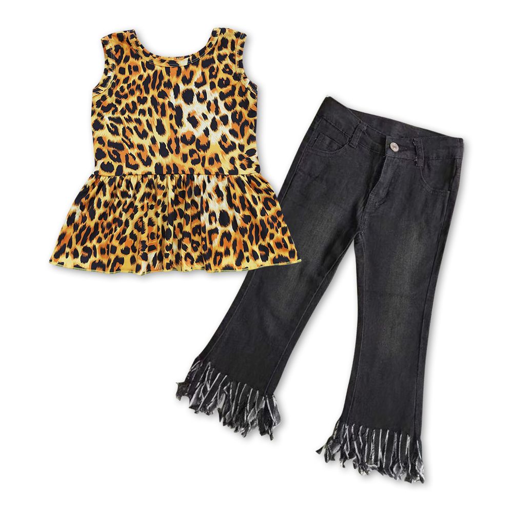 GSPO0856 Baby Girl Sleeveless Leopard Tops Black Denim Pants Outfit
