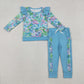 Baby Girls Kids Long Sleeves Flower Ruffle Shirt Pockets Blue Pants Clothes Set RTS