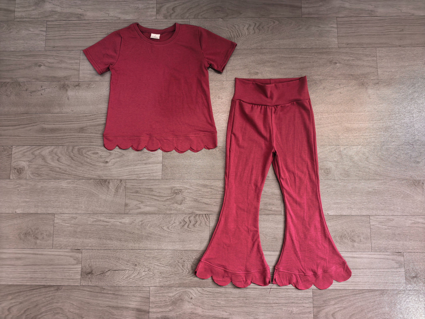 ( No moq ) Preorder Baby Girls Kids Short Sleeves Dark Red Shirt Pants Scallop Set Clothes