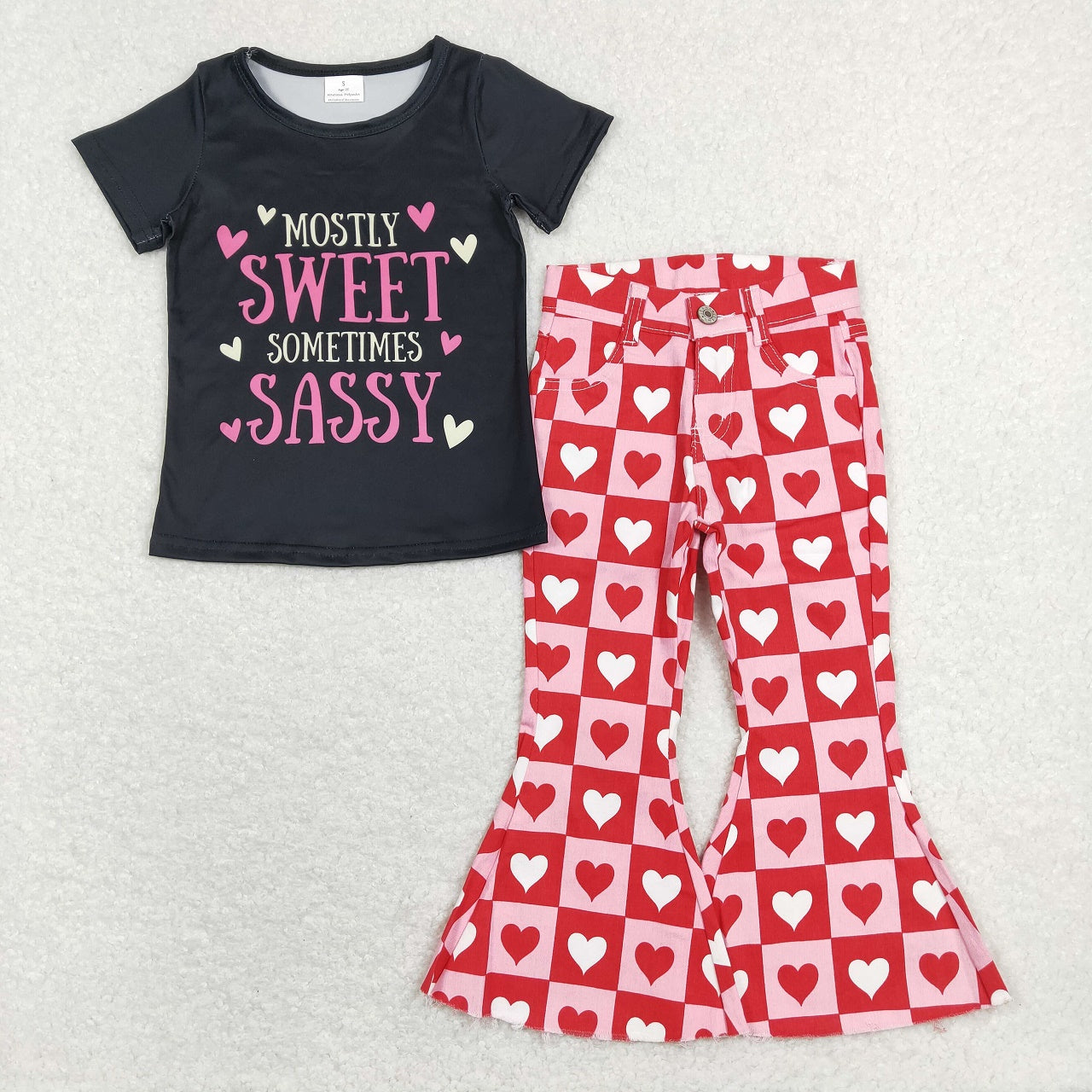 GSPO1364 Baby Girl Short Sleeves Sweet Shirt Hearts Denim Bell Pants Valentine's Day Set