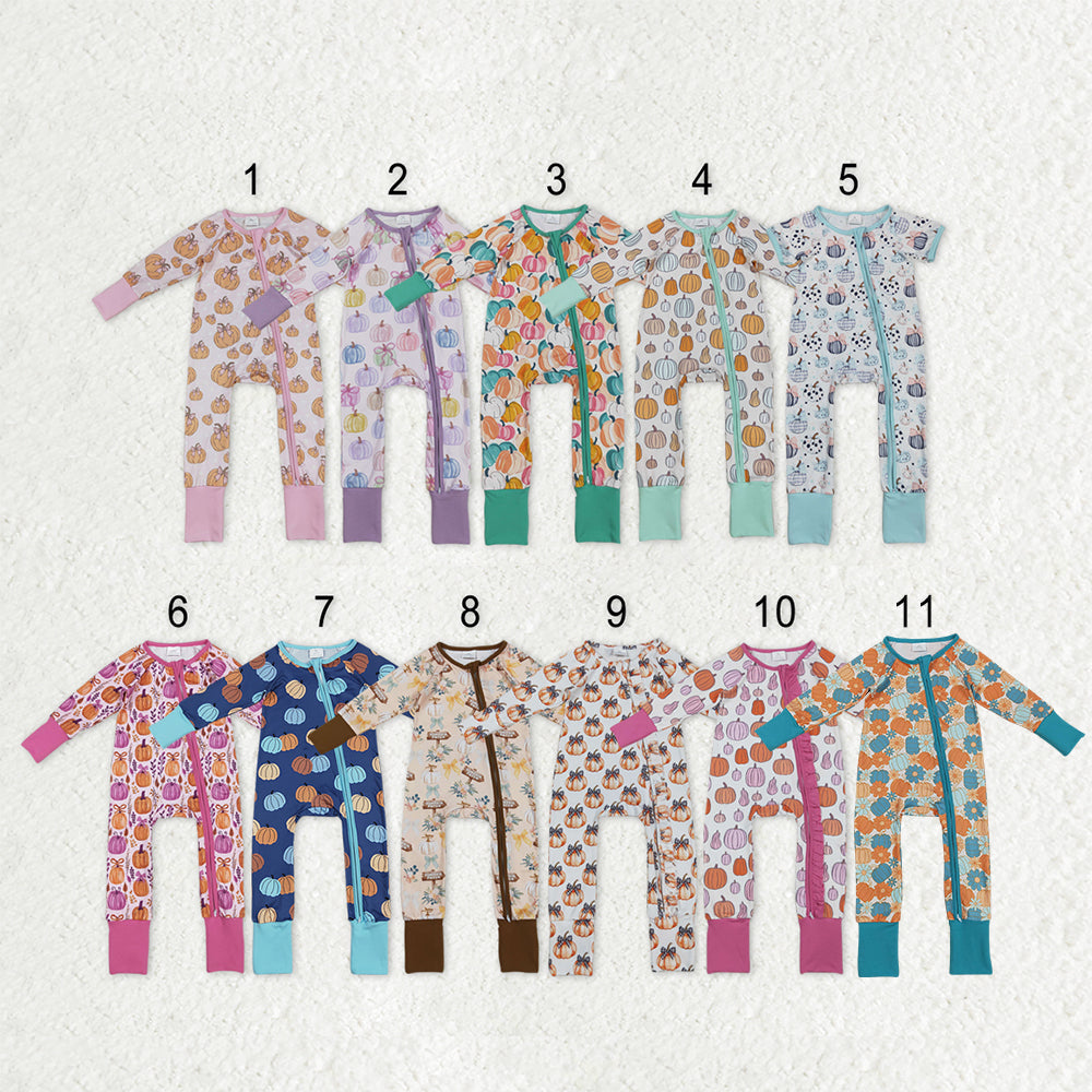 Sibling Baby Boys Girls Kids Fall Pumpkins Two-way Zipper Footie Sleeper Rompers RTS