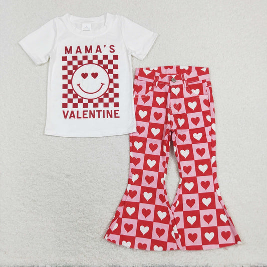 GSPO1363 Baby Girl Short Sleeves Face Shirt Hearts Denim Bell Pants Valentine's Day Set
