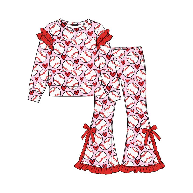 ( Moq 5 ) Preorder Baby Girls Kids Baseball Hearts Shirt Bows Ruffle Pants Set Pink Clothes