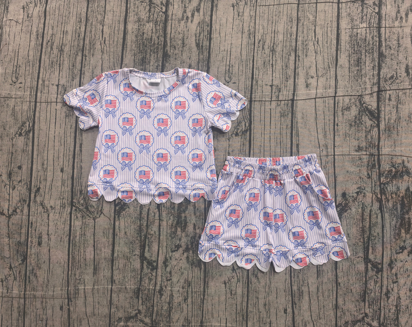 Baby Girls Bows Flags Stripes Shirt Scallop Shorts 4th of July Set Clothes RTS