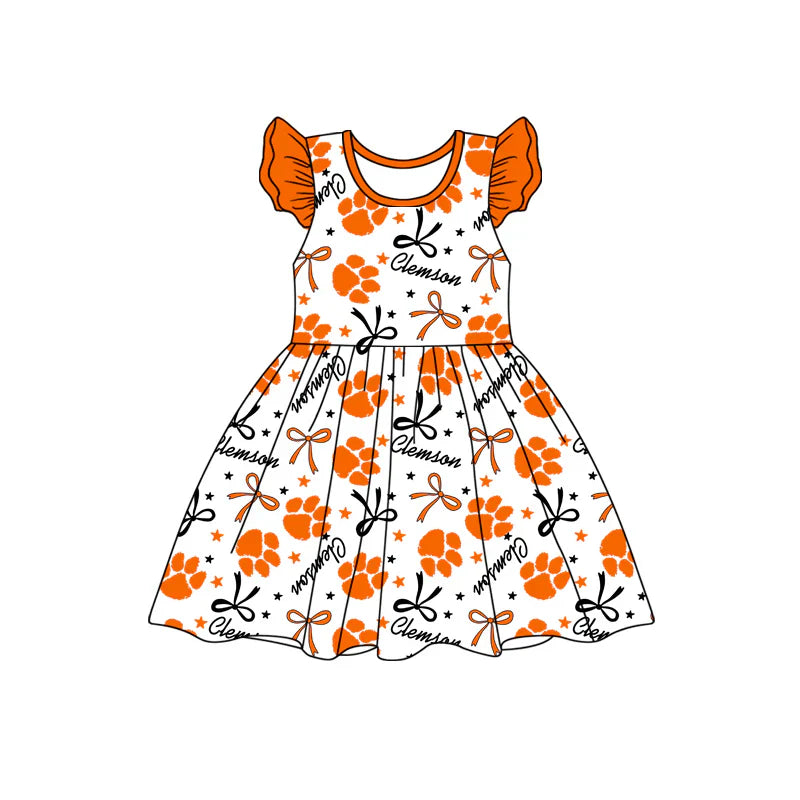 Baby Girl Short Sleeves Team Orange Bows Knee Length Dress ( Moq 5 )