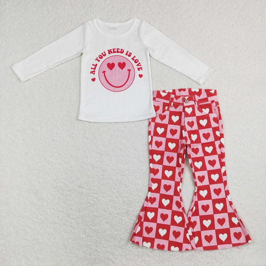 GLP1158 Baby Girl Long Sleeves Face Shirt Hearts Denim Bell Pants Valentine's Day Set