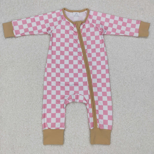 LR0731 Baby Girl Pink Long Sleeves Checkered Zipper One Piece Romper