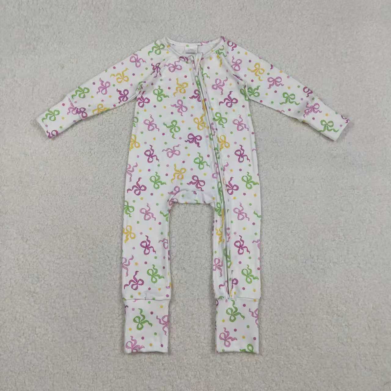 Sibling Baby Girls Kids Mardi Gras Long Sleeves Dots Bows Zipper Romper Pajamas Set RTS