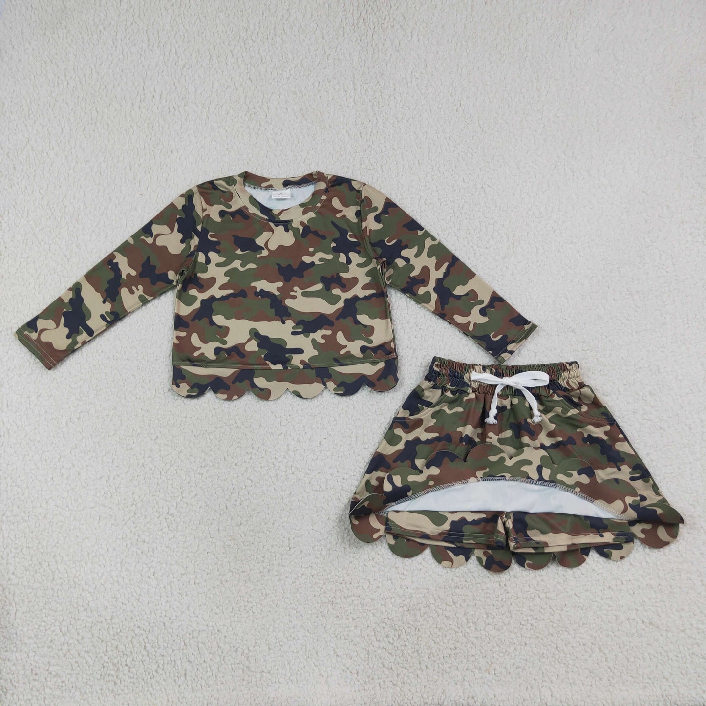 Baby Girls Kids Long Sleeves Shirt Green Camo Scallop Pockets Skirt Shorts Set Clothes RTS
