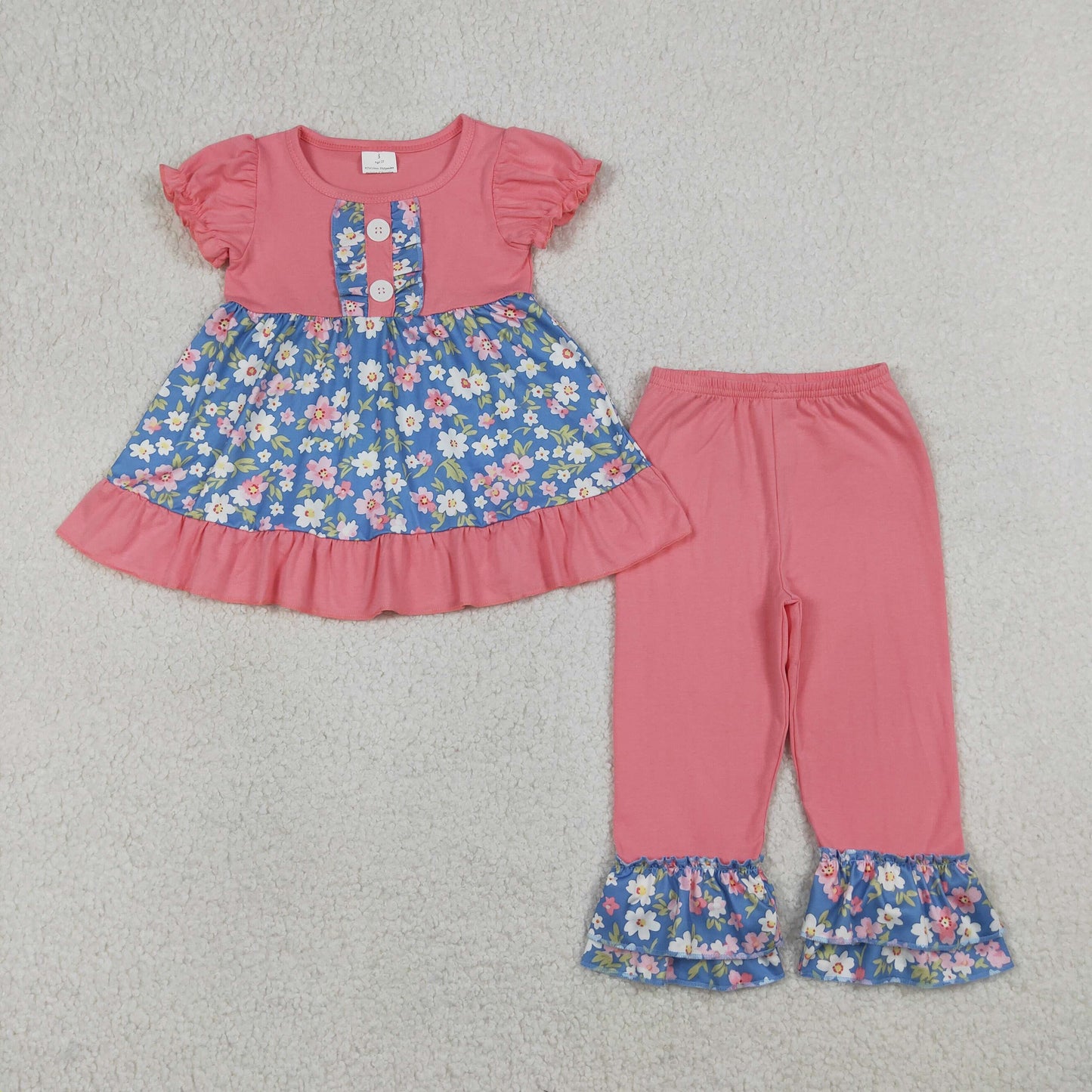 Baby Girls Kids Short Sleeves Flower Tunic Ruffle Pink Pants Clothes Set RTS