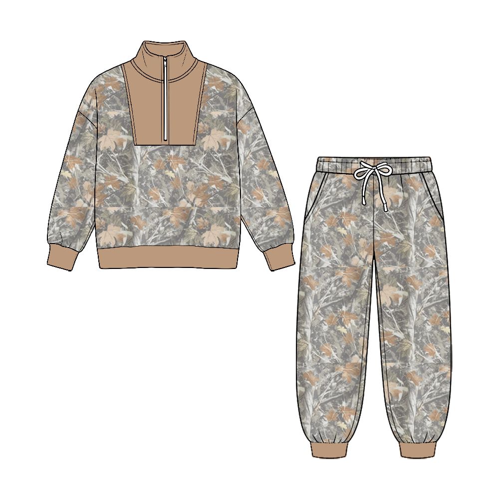 ( No moq ) Preorder Baby Boys Kids Leaves Long Sleeves Zipper Shirt Pockets Pants Set Clothes