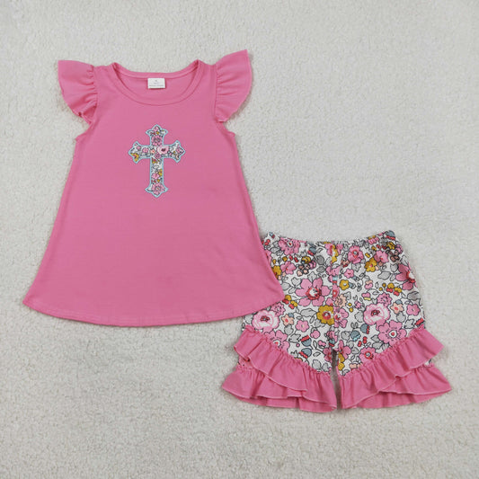 Baby Girls Short Sleeves Embroidery Cross Tops Flower Ruffle Shorts Easter Clothes Set RTS