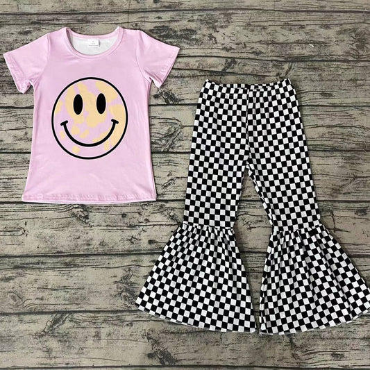 Baby Girl Pink Short Sleeves Smile Shirt Black Checkered Bell Pants Outfit