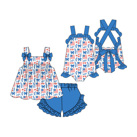 ( Moq 5 Each Style ) Sibling Baby Girls Kids Flags Bows Flower Shirt Shorts 4th of July Set Romper