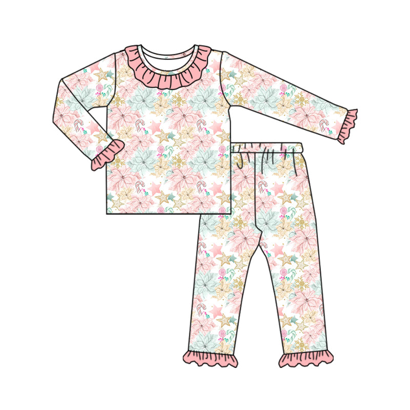 Baby Girl Toddler Long Sleeves Flower Candy Christmas Shirt Pants Pajamas Set Moq 5