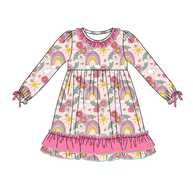 Baby Girl Long Sleeves Flower Rainbow Ruffle Dress