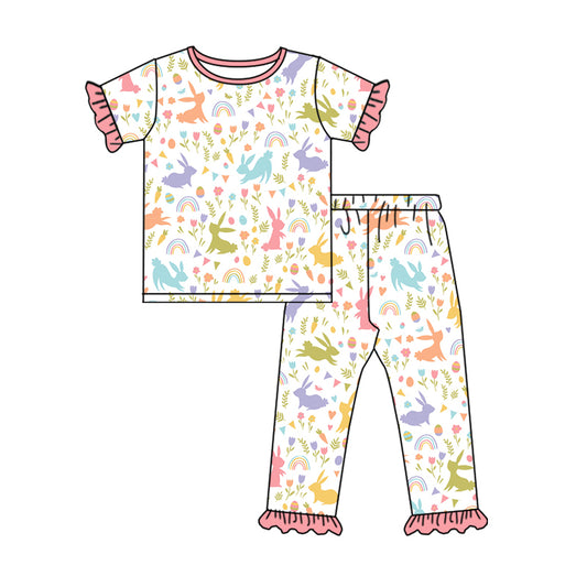 Baby Girl Short Sleeves Rabbit Flower Rainbow Shirt Pants Pajamas Easter Set Moq 5