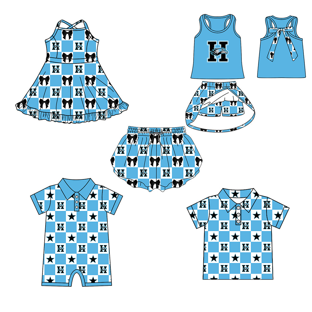 ( Moq 5 Each Style ) Baby Boys Girls Toddler Bows Team Sibling Shorts Dress Shirt Blue Set Clothes