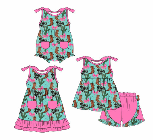 ( Moq 5 Each Style ) Baby Girl Straps Western Cactus Bows Boots Sibling Summer Romper Dress Set 4.21