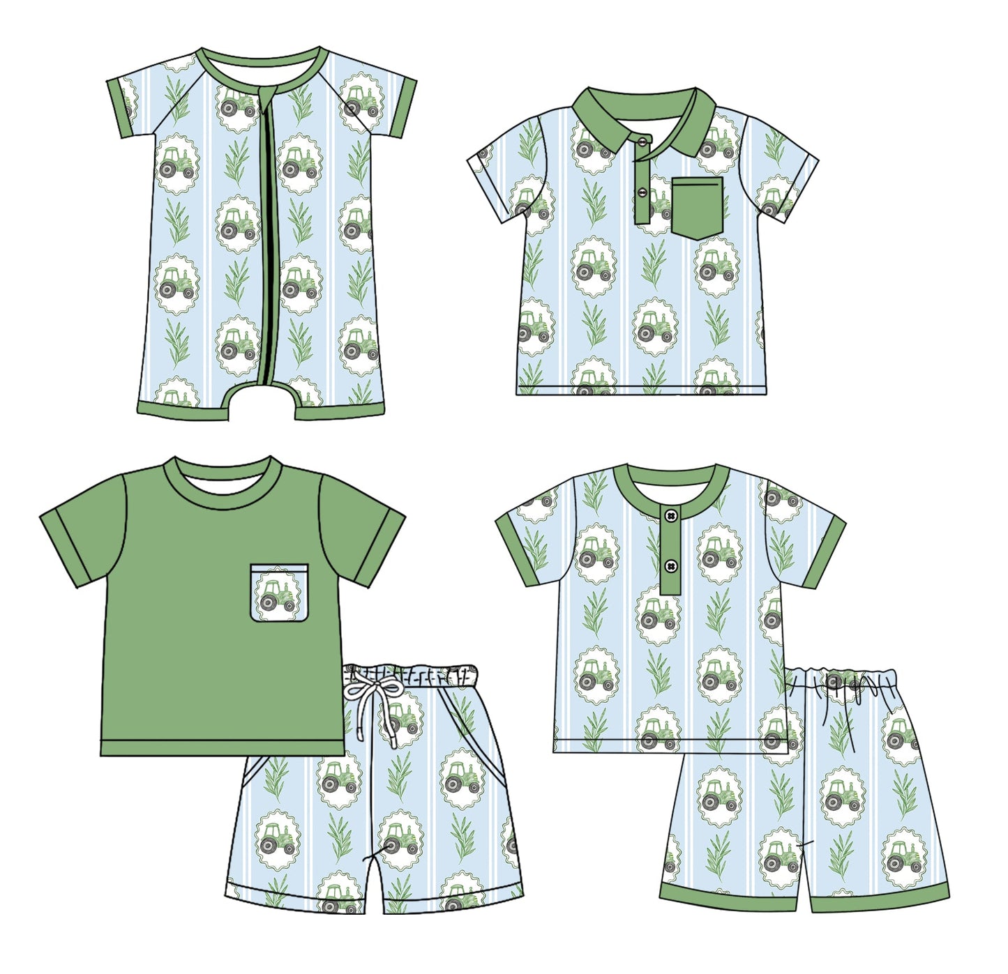 Baby Boy Short Sleeves Tractors Green Sibling Romper Shirt Set ( Moq 5 Each Style ) 3.7