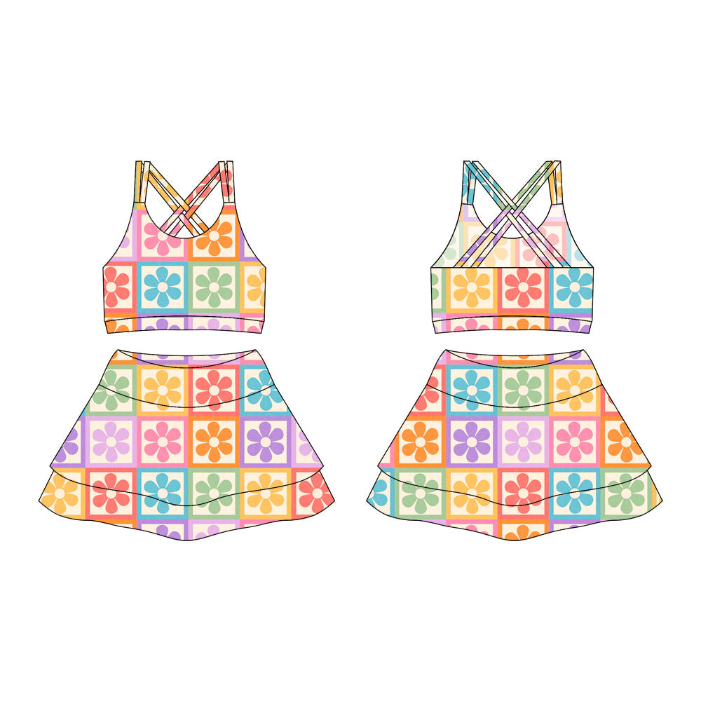 ( moq 10 ) Baby Girl Straps Colorful Flowers Plaid Activity Wear Vests Tops Shorts Skirts Yoga Set