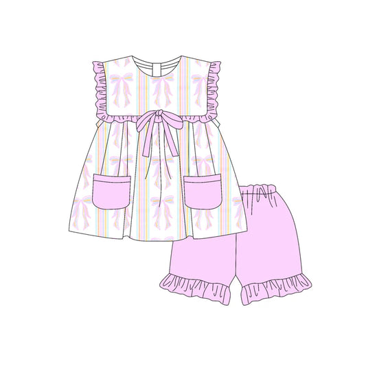 Baby Girl Sleeveless Bows Pockets Tunic Ruffle Short Set ( Moq 5 )