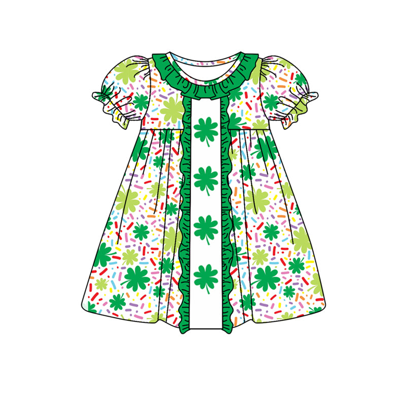 Baby Girl Short Sleeves St. Patrick Clover Knee Length Green Ruffle Dress Moq 5