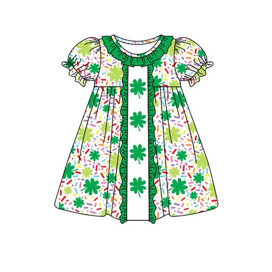 Baby Girl Short Sleeves St. Patrick Clover Knee Length Green Ruffle Dress Moq 5