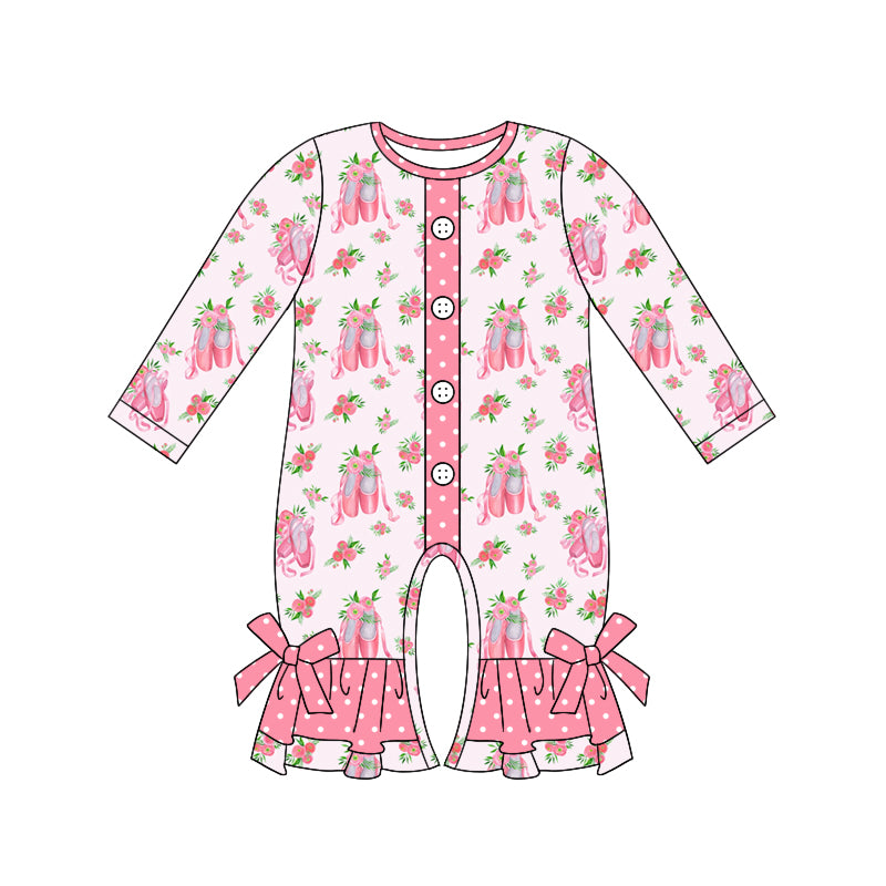 Baby Girl Long Sleeves Flower Shoes Pink Ruffle Romper