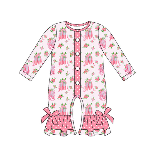 Baby Girl Long Sleeves Flower Shoes Pink Ruffle Romper