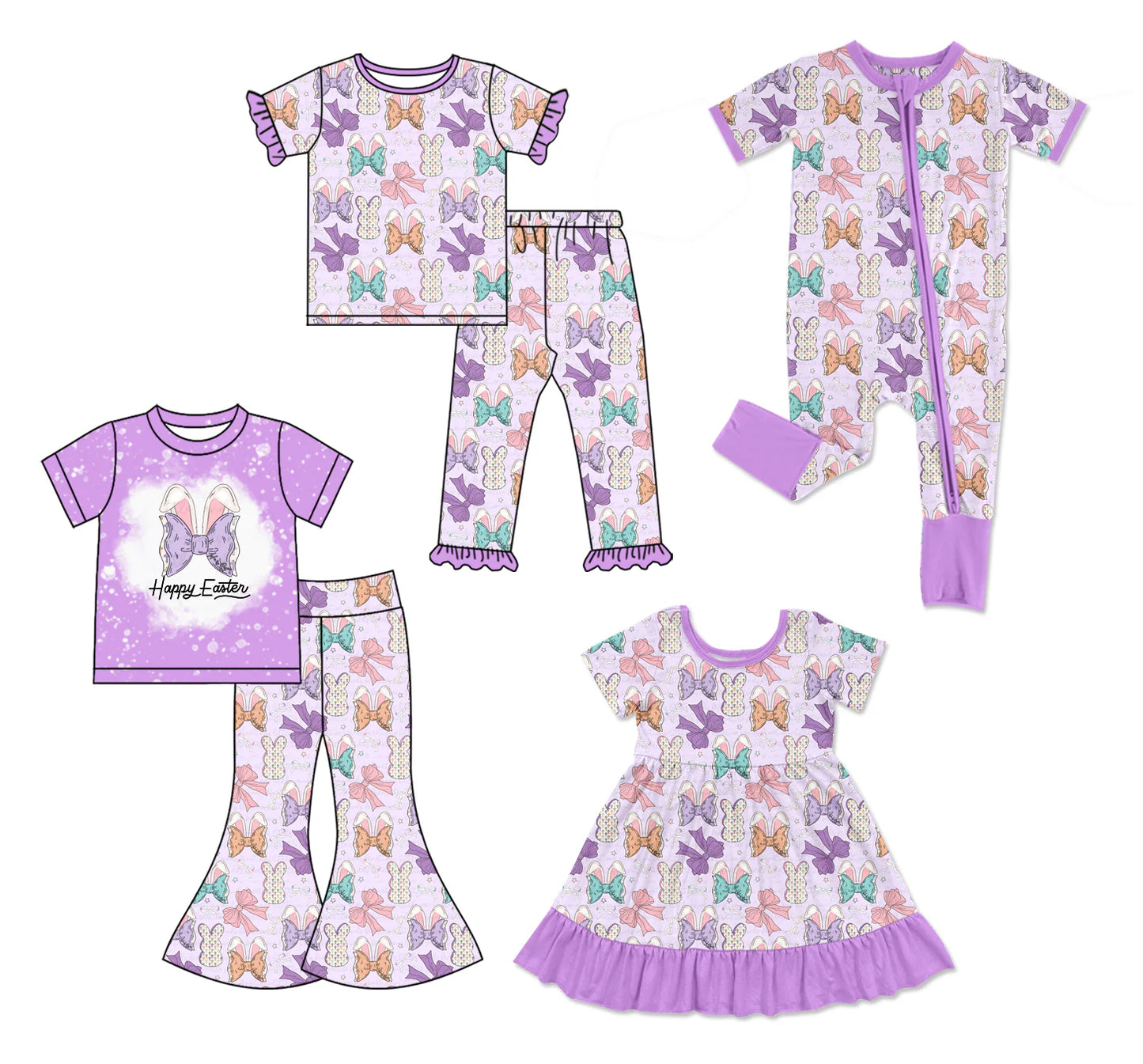 ( Moq 5 Each Style ) Baby Girls Kids Short Sleeves Bows Rabbits Sibling Purple Romper Dress Sets
