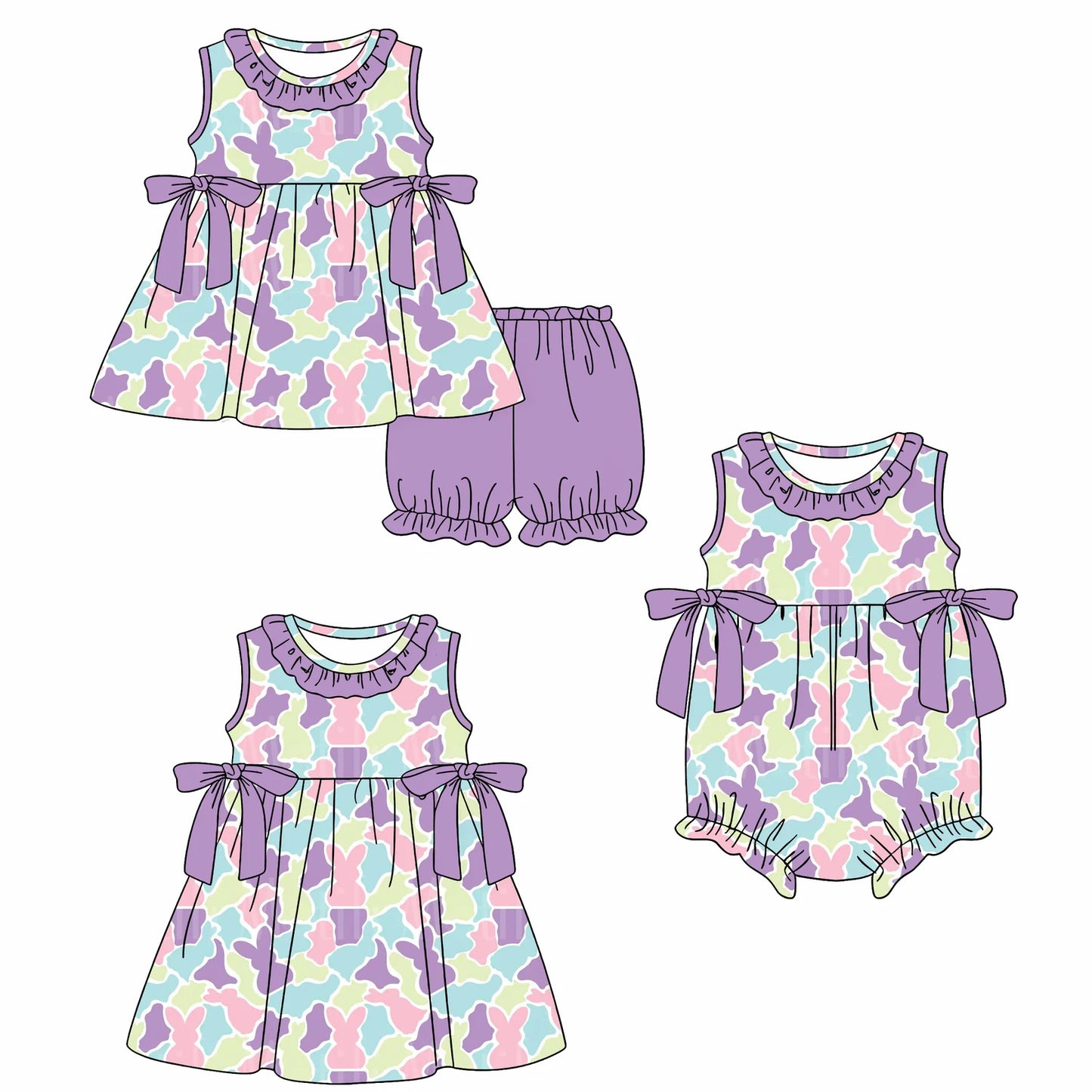 ( Moq 5 Each Style ) Sibling Baby Boys Girls Sleeveless Rabbits Camo Purple Bows Easter Romper Dress Set