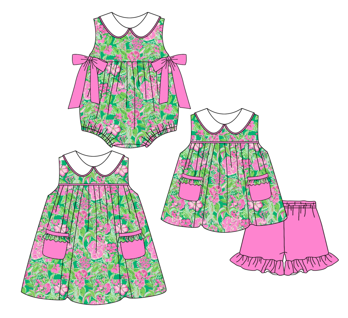 Baby Girl Flower Pink Green Sibling Romper Dress Set ( Moq 5 Each Style ) 3.6