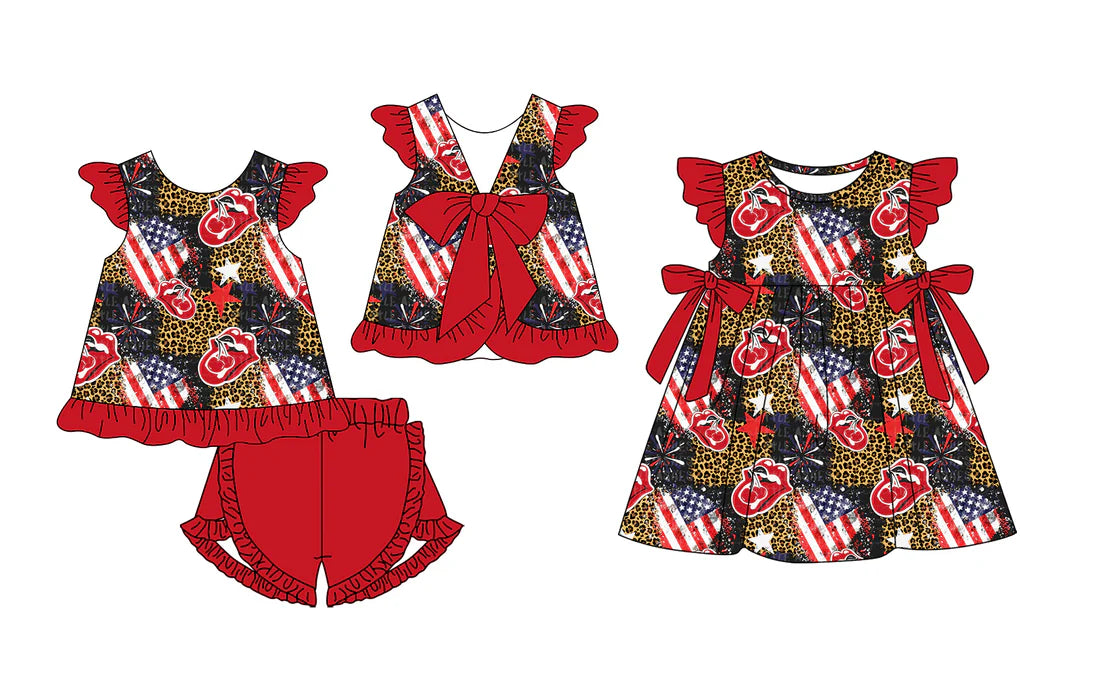 ( Moq 5 Each Style ) Baby Girls Kids Short Sleeves Flags Leopard Sibling 4th of July Dress Set