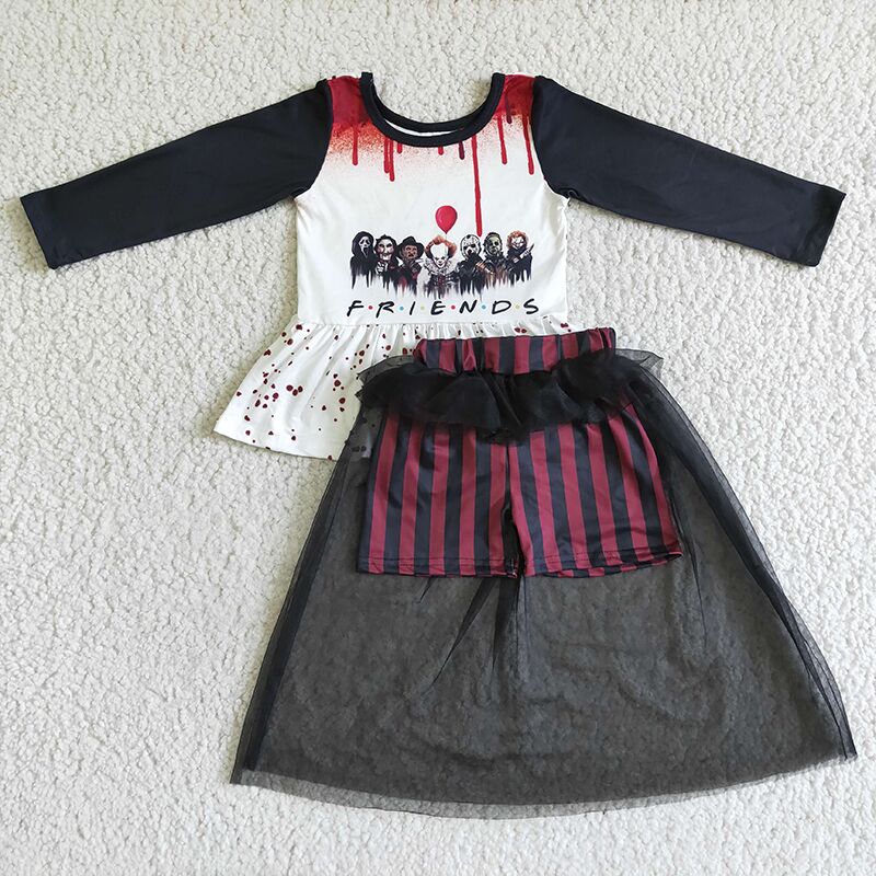 GLD0041 Baby Girl Long Sleeves Halloween Tops Tulle Shorts Outfit