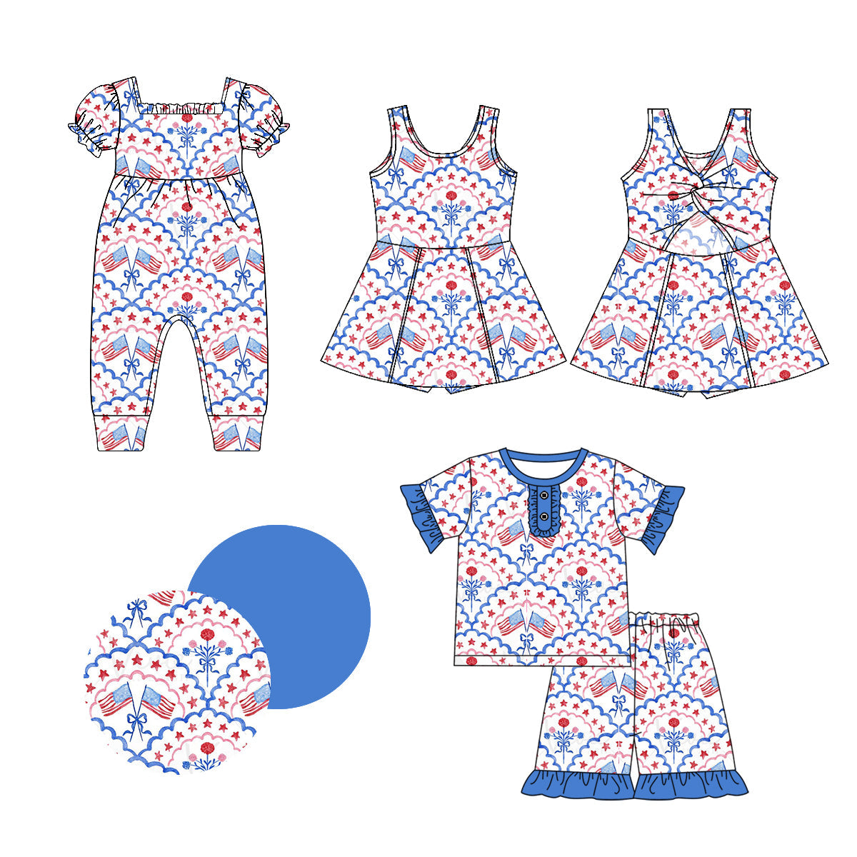 Baby Girl July 4th Flags Flower Sibling Dress Romper Set ( Moq 5 Each Style ) 1.4