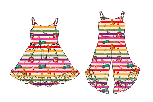 Baby Girl Farm Tractors Stripes Sibling Dress Jumpsuit ( Moq 5 Each Style ) 2.26