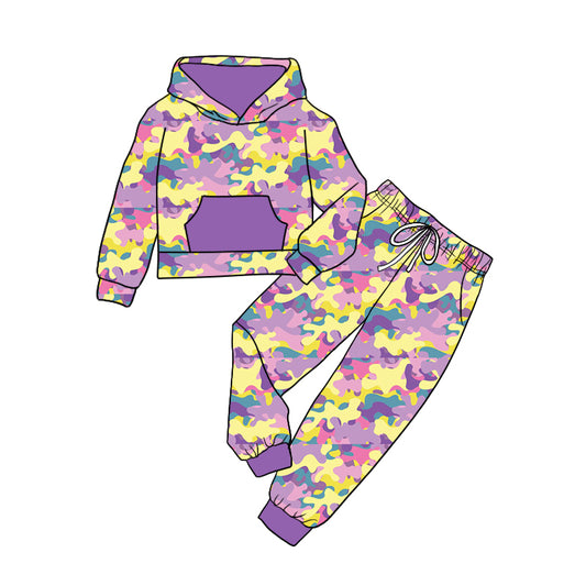 Baby Girl Long Sleeves Hoodie Purple Pocket Shirt Camo Pants Set