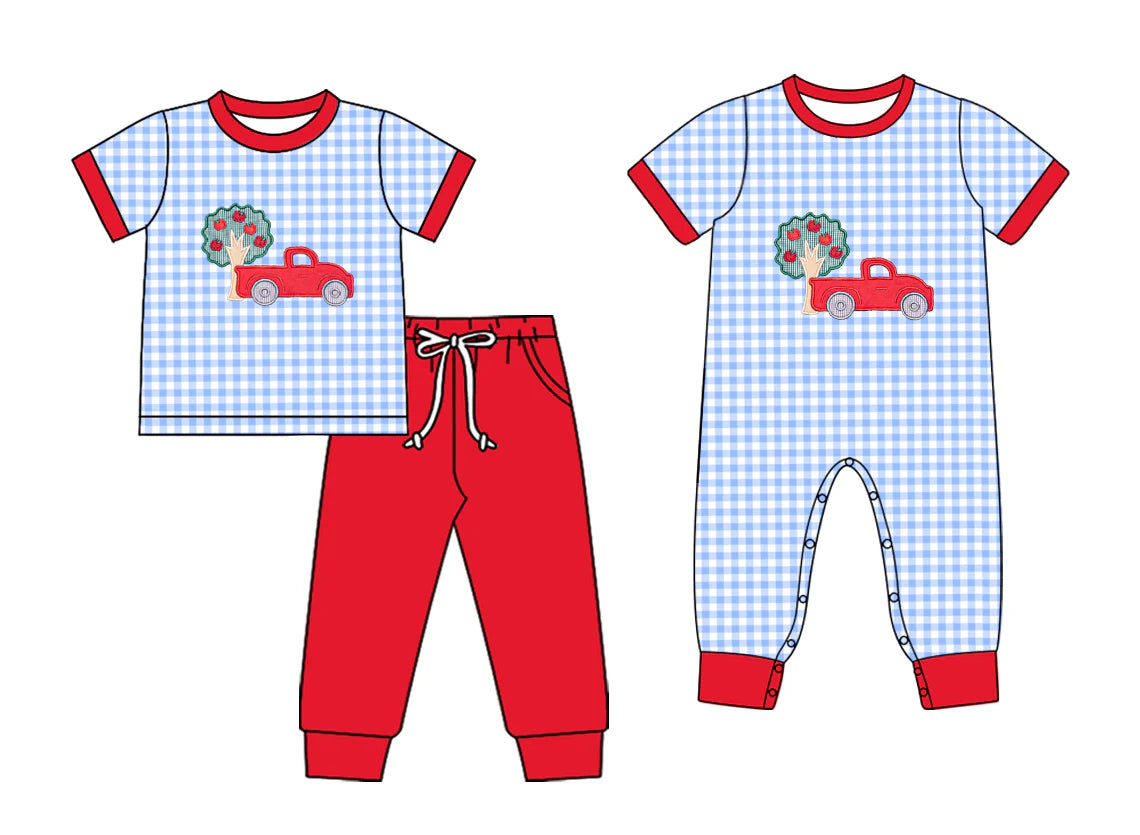 ( Moq 5 Each Style ) Baby Boys Short Sleeves Truck Blue Plaid Sibling Romper Set